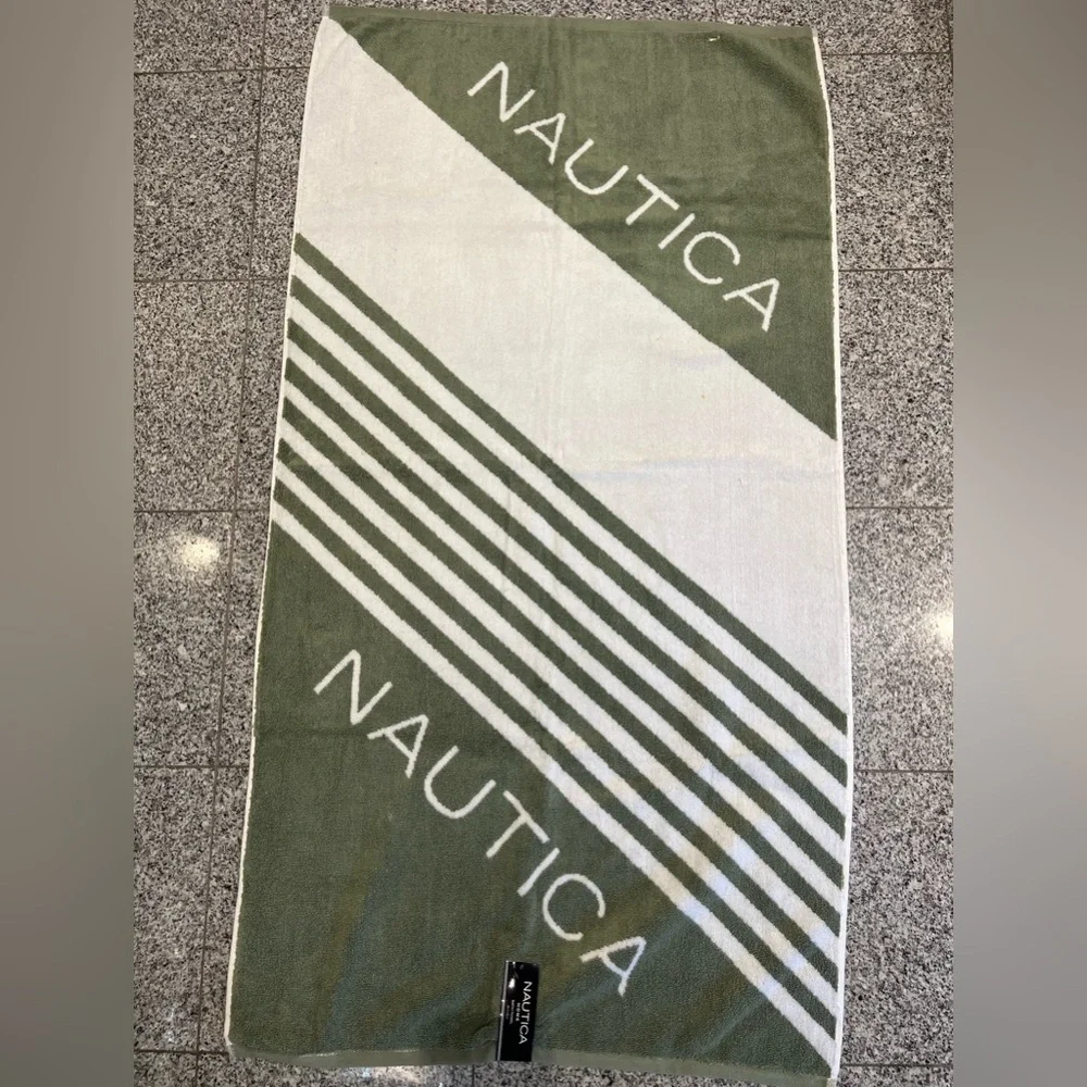 Nautica Olive Green & White Striped Towel Letters on the backside are inverted.